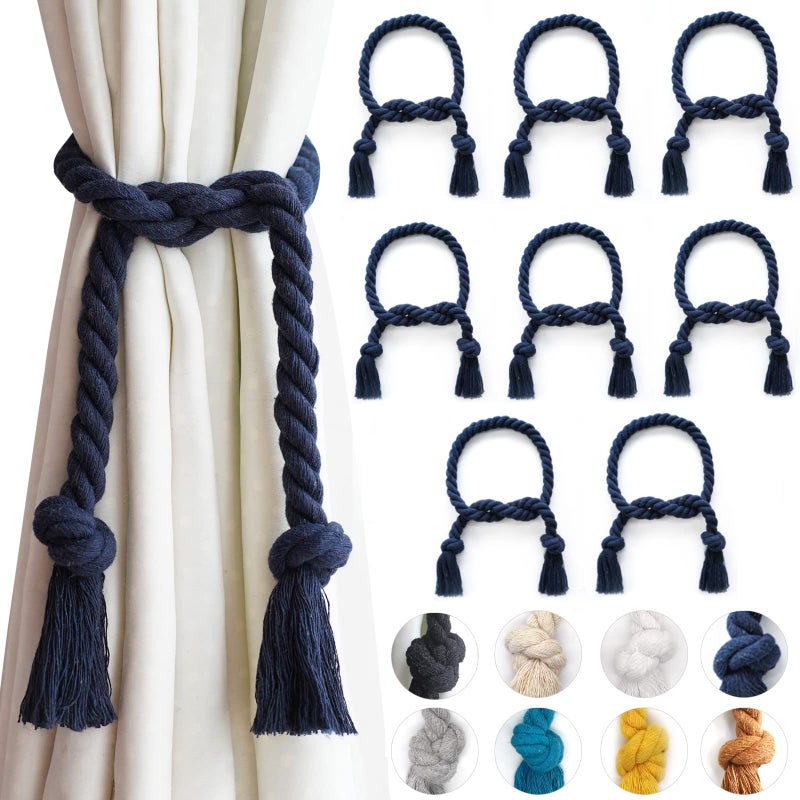 Yteseery 8 Pack Outdoor Curtain Tiebacks Rope, Natural Cotton Curtain Holders, Village Rural Rustic Curtain Holdbacks, Farmhouse Nautical Curtain Rope Tie Back for Drapery Patio, (Navy Blue) - Image 1